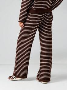 MISSGUIDED Ribbed Knit Wide Leg Palazzo Pants With Horizontal Stripes For Fall Winter Loungewear Comfort - Multicolor - View 2