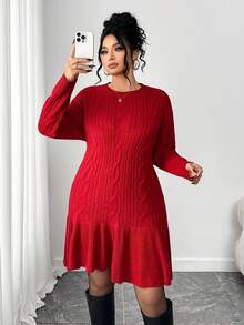 Elenzga Elegantes rotes Meerjungfrauenkleid in Große Größen mit rundem Ausschnitt und Langarm aus Strick - Rot - Übersicht 6