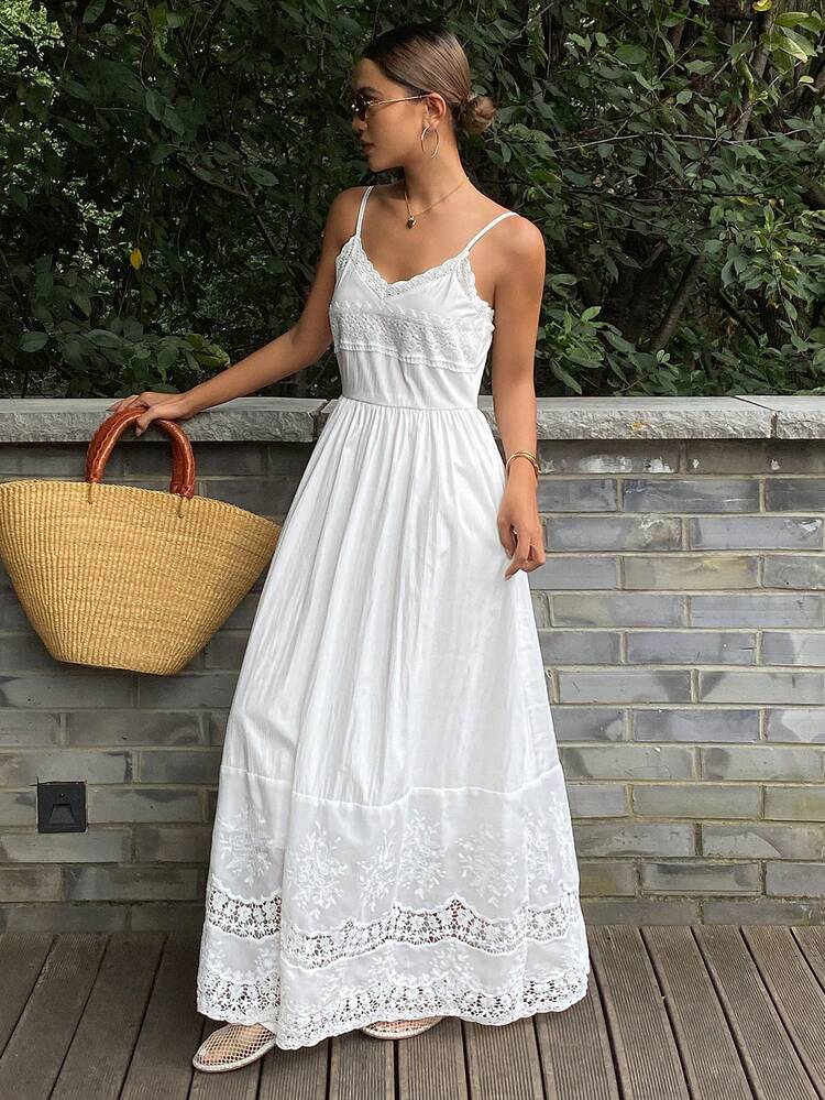 Women's Summer Lace Patchwork Vacation Style Casual Long Dress Sundress Boho