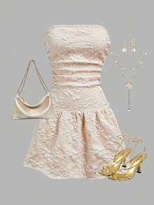 SHEIN LUNE Rochie casual jacquard fără bretele pentru femei, rochie cu corset, rochie de seară pentru repetiții, rochie fără bretele, rochie scurtă, rochie bej, rochie artistică, rochie elegantă pentru femei, serie de îmbrăcăminte la modă, carnaval