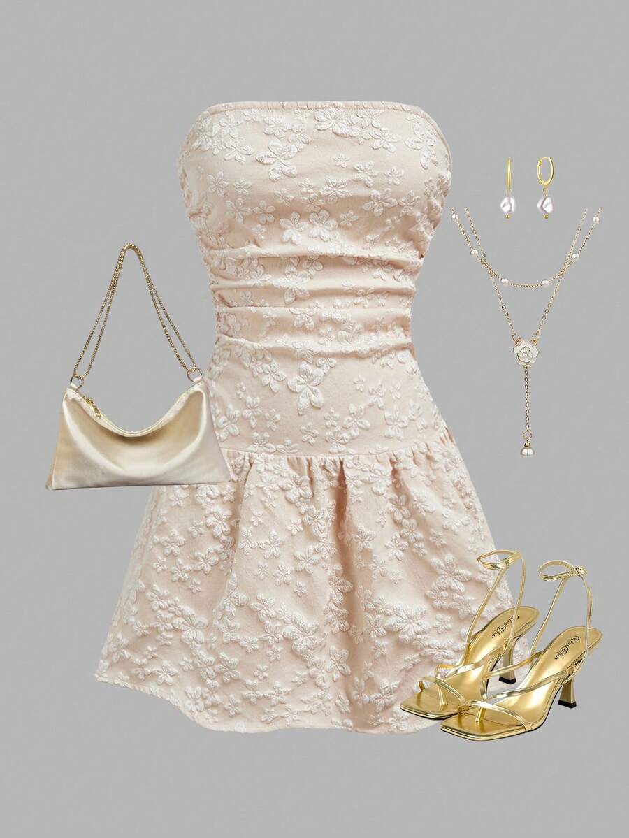 SHEIN LUNE Rochie casual jacquard fără bretele pentru femei, rochie cu corset, rochie de seară pentru repetiții, rochie fără bretele, rochie scurtă, rochie bej, rochie artistică, rochie elegantă pentru femei, serie de îmbrăcăminte la modă, carnaval