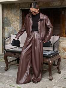 DAZY Women's Autumn/Winter Lapel Cardigan With Elastic Waist PU Leather Jacket And Straight-Leg Leather Pants, Elegant Urban Casual 2 Pieces Set - Brown - View 2