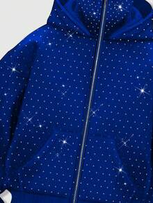 ROMWE MEN Street Life Rhinestone Embellished Hooded Sweatshirt With Pockets, Zipper Front Sweatshirt Hoodie For Men - Blue - View 5