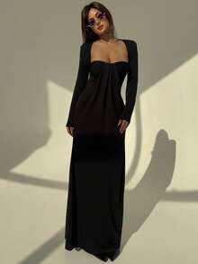 Aloruh Women's Solid Color Dress, Suitable For Commuting - Black - View 7