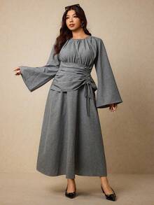 Elaquor Plus Size Women Solid Color Round Neck Flare Sleeve Pleated Casual Dress Office Old Money - Grey - View 3