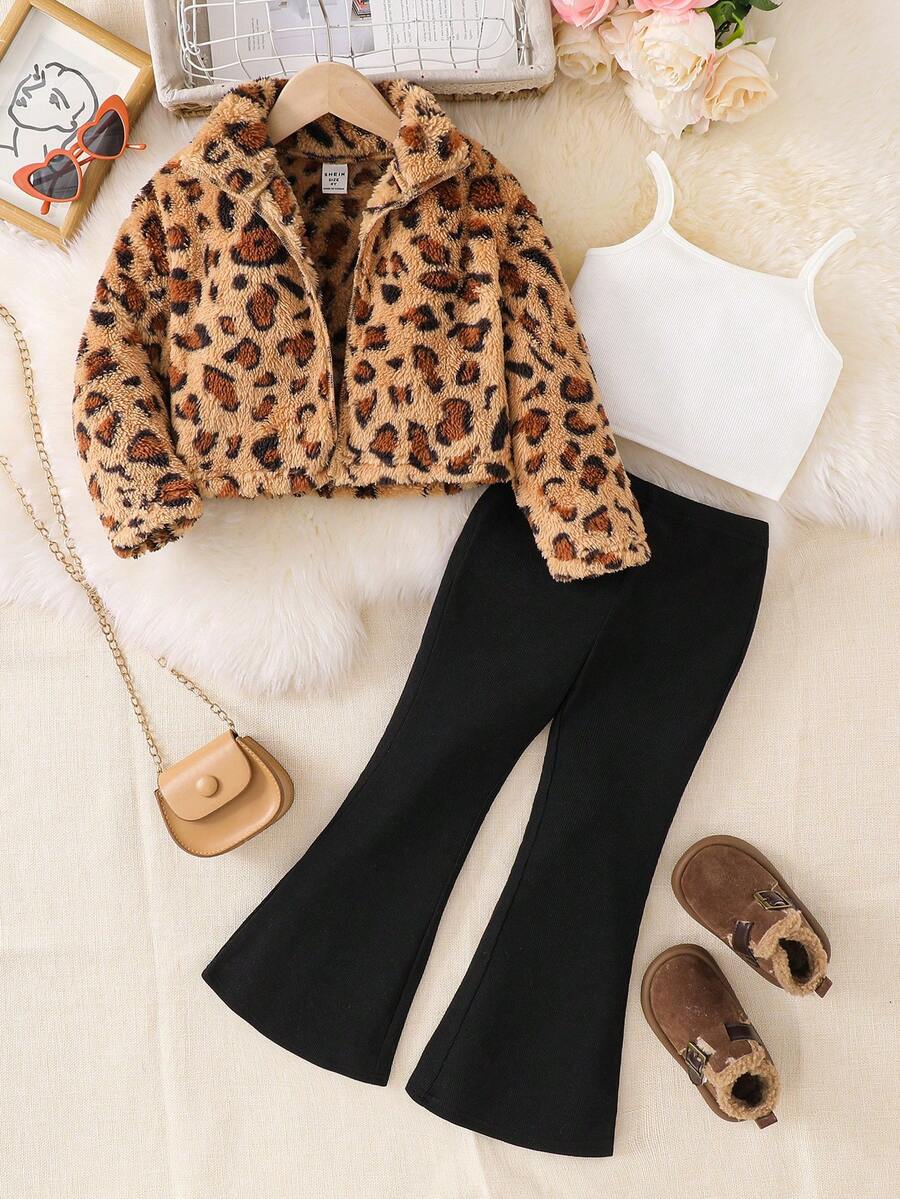 SHEIN 3pcs Set: Knitted Plaid Short Jacket, Solid Color Knitted Camisole, And Flared Pants - Brown - View 1