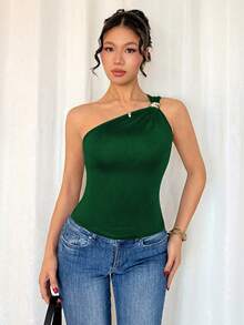 Rafferiza Women's Black Sexy Metallic Pleated Sleeveless Bodysuit - Dark Green - View 6