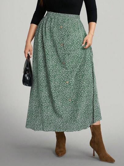 Comfylo 夏季加大码女装小豹纹长裙，前中纽扣装饰，夏季服装