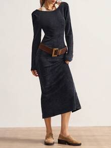 Bohemela Vestido midi ajustado de manga larga, de punto y unicolor, con espalda descubierta, para mujer - Negro - Ver 2