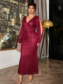 Cravure Vestido maxi ajustado de manga larga con cuello en V cruzado, bajo de cola de pez y tela con lentejuelas para mujer de talla grande, elegante para uso diario y fiestas - Rojo - Ver 1