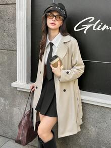 SHEIN 优雅通勤休闲卡其色翻领中长款少女风衣