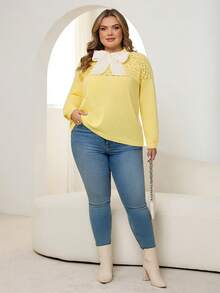 SHEIN CURVE+ Plus Size Women's Round Neck Hollow-Out Knit Top With Sheer Back Bow Decor Plus Size Pullover Sweater, Yellow/Winter - Yellow - View 6