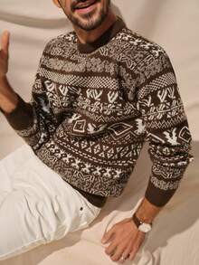 Manfinity CityGents Men's Casual Colorblock Geometric Pattern Sweater, Autumn/Winter Brown Sweater Men Mens Knit Floral