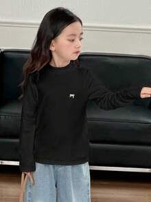 DAZY 女童圆领蝴蝶结印花保暖长袖T恤，秋季款 - 黑色 - 查看 2
