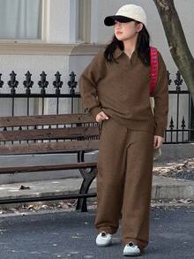 DAZY 少女休闲落肩毛衣套装 - 棕色 - 查看 3