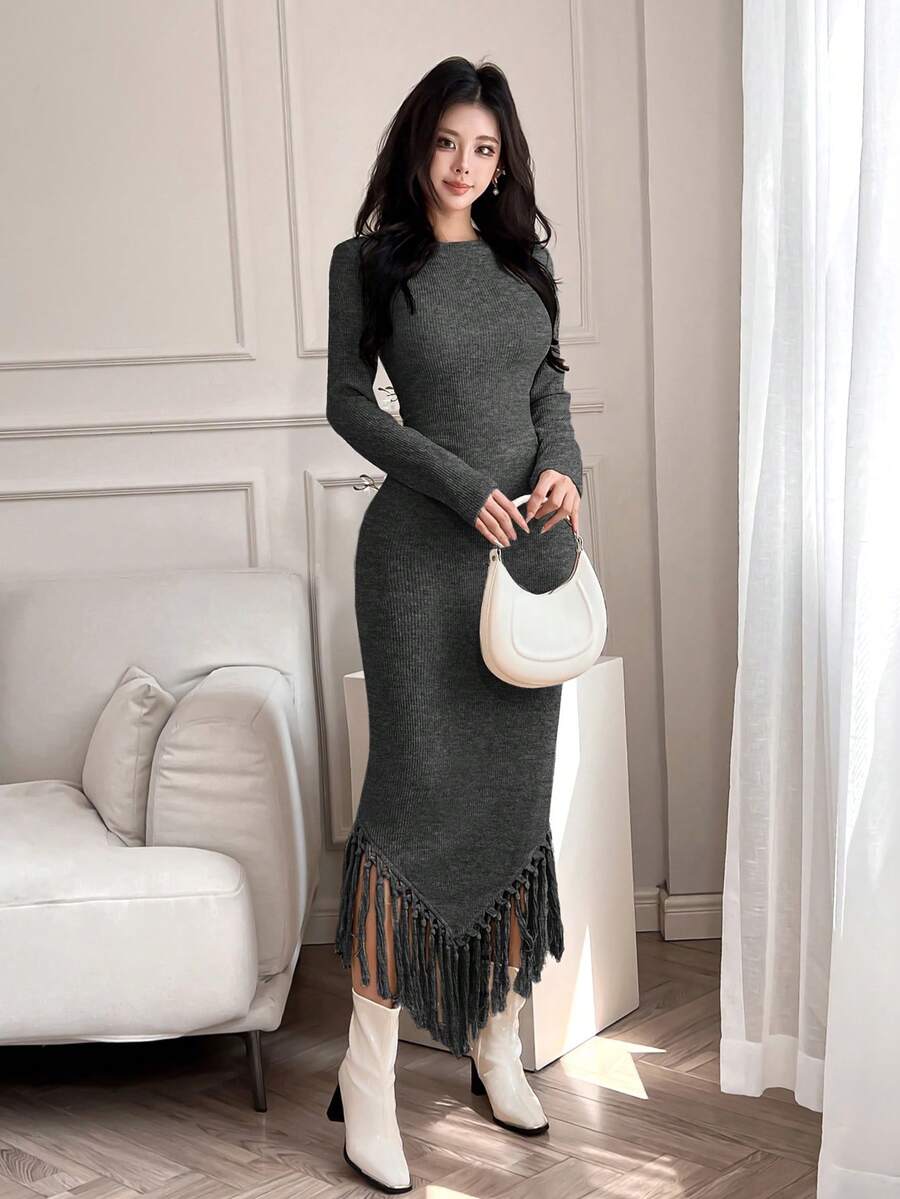Feyla 1件女士纯色圆领长袖修身流苏下摆连衣裙,简约设计长款晚礼服 - 深灰色 - 查看 1