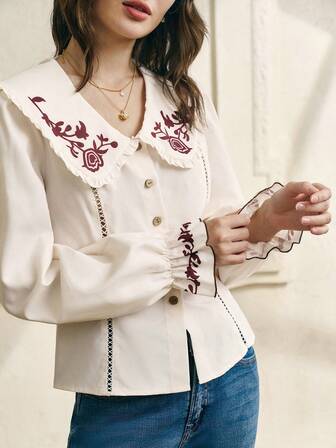 Cévolie Camisa Casual Feminina de Manga Longa com Gola Dolly, Ajuste Folgado, Fechamento com Botões na Frente, Estilo Vintage