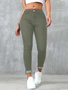 SHEIN ICON 大码女式蓝色经典时尚紧身牛仔裤 - 軍綠色 - 查看 4