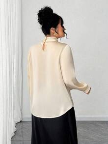 Elenzga Plus Size Satin Twist Collar V-Neck Hollow Out Long Sleeve Straight Blouse, Elegant For Work, Casual Outing, Date, Party - Apricot - View 2