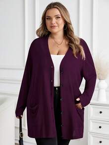 SHEIN CURVE+ Plus Size Women's Solid Color Autumn Purple Sweater Cardigan With Pockets, Holiday Set/Winter - Purple - View 8