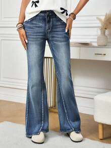 EMERY ROSE 女士低腰复古休闲修身喇叭牛仔裤 - 藍色 - 查看 6