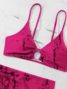 Swim SXY 3pcs/Set Printed Bikini Top, Triangle Bottoms And Skirt Swimsuit Set - Hot Pink - View 4