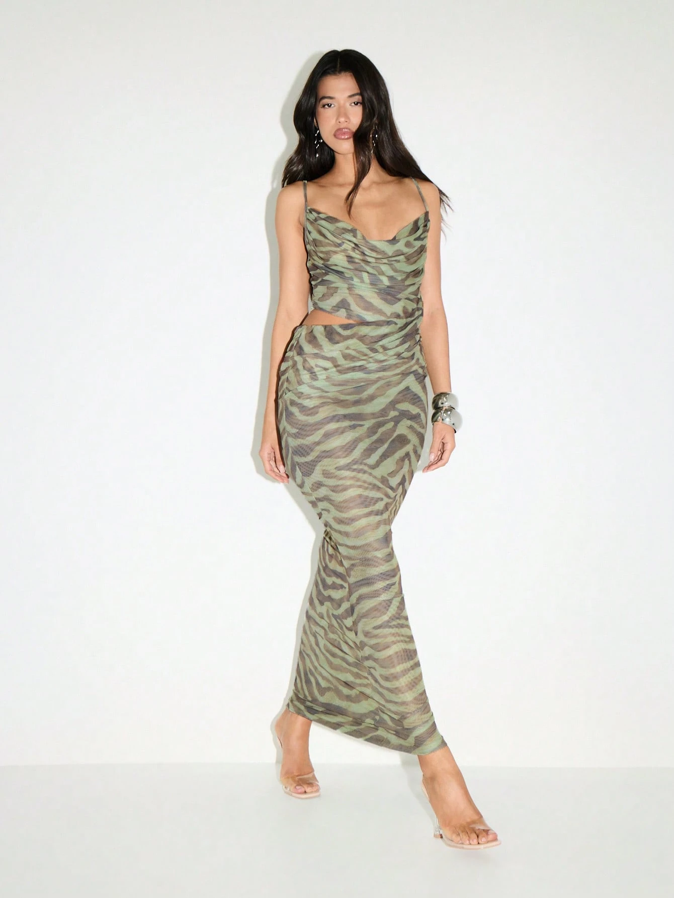 KIZN Mesh Cut Out Maxi Dress With Cowl Neckline