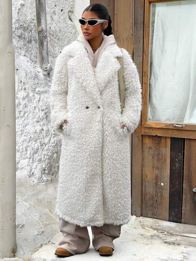 Muchica Damen Lange Ärmel Plüsch Kragen Taschen Lange Regular Jacke