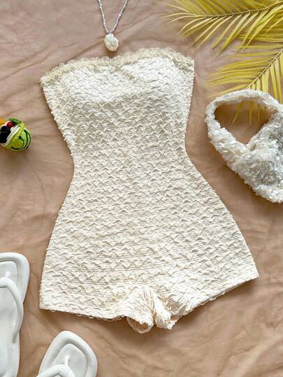 Soleia 女式蕾丝荷叶边抹胸连体裤，弹力紧身连体裤，适合节日、派对、约会之夜、下午茶、婚礼季、海滩、春夏季假期、邮轮、音乐节、波西米亚风白色女式连体裤抹胸连体裤蕾丝连体裤白色连体裤女式蕾丝连体裤女式连体裤纹理连体裤