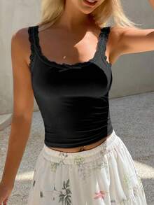 DAZY Women's Summer Lace Patchwork Bow Decor Slim Fit Camisole, Casual & Sexy - Black - View 4
