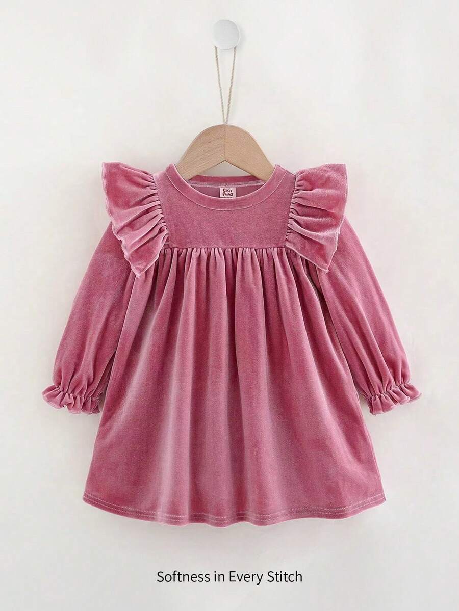 Cozy Pixies Kleine Mädchen Einfarbiges Samt Kleid mit Flügelärmel - Pink - Übersicht 1