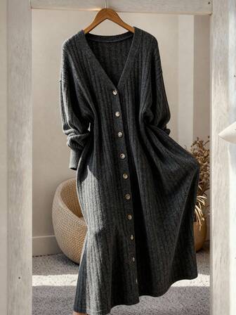 EMERY ROSE Plus Size V-Neck Lantern Sleeve Button Design Knit Sweater Dress, Comfortable & Elegant