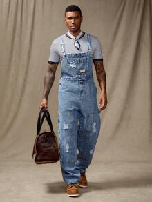 RivetRise 男士休闲做旧胸带牛仔背带裤 - 淺色水洗藍 - 查看 5