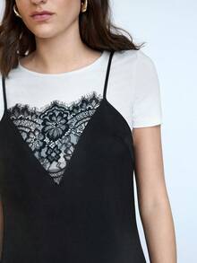 Maija 2025 Autumn/Winter New Sexy Lace Trim Adjustable Spaghetti Strap Bodycon Dress With Solid White T-Shirt 2 Piece Set, Elegant Urban Commuter Casual Romantic Versatile - Black - View 5