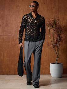 AKNOTIC Business Casual Áo len móc nam tay dài họa tiết hoa, dáng rộng thoải mái, thích hợp cho mùa hè, mùa thu, du lịch, mặc hàng ngày, dự tiệc, làm quà tặng đôi. - màu đen - Xem 3