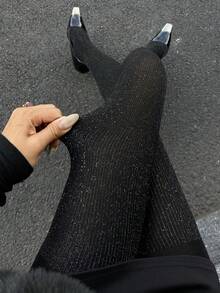 DAZY Women's Solid Color Elastic Waist Shiny Leggings - Black - View 1