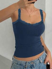 DAZY Women's Plain Color Lace Patchwork Slim Fit Tank Top, Autumn Style,Back To School Clothes - Navy Blue - View 4