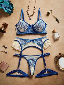 5pcs/Set Sexy Women's Underwear With Blue Floral Embroidery, Underwire And Bow Design