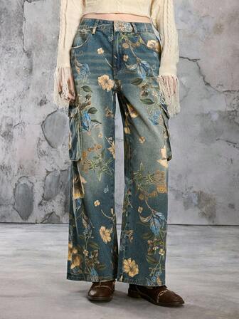 Fairycore Vintage Floral Print Washed Loose Wide Leg Cargo Jeans For Women, Summer Outfits