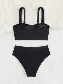 SHEIN Swim Women's Solid Color Sexy Bikini Swimsuit Set, Summer Beach - Black - View 8