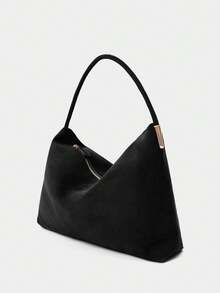 女士时尚简约风格麂皮单肩包，配五金饰边 - 黑色 - 查看 5