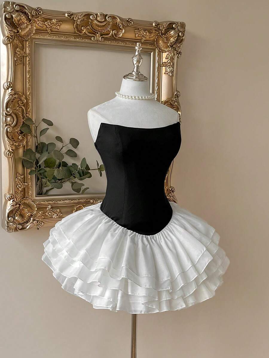 Lovelzi 优雅简约千禧名媛风荷叶边层叠下摆迷你连衣裙，适合舞会、下午茶、主题派对、婚礼等场合，女士正式舞会礼服、宴会礼服 - 彩色 - 查看 1