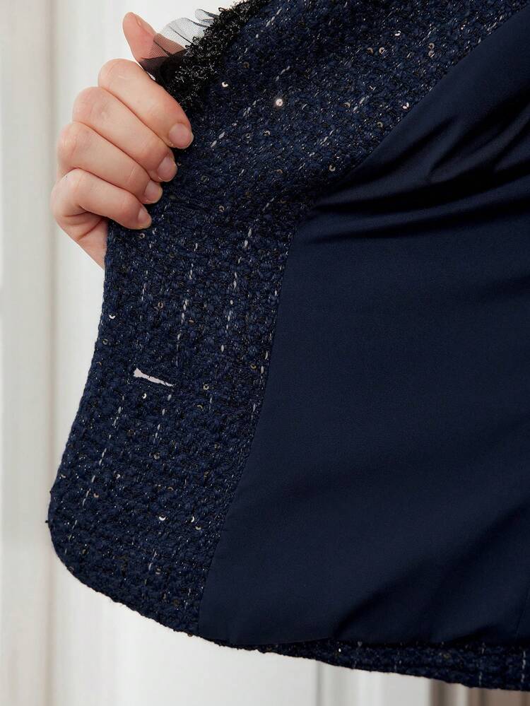 TWEED CONTRAST TAPE TRIM LAPEL COLLAR BLAZER