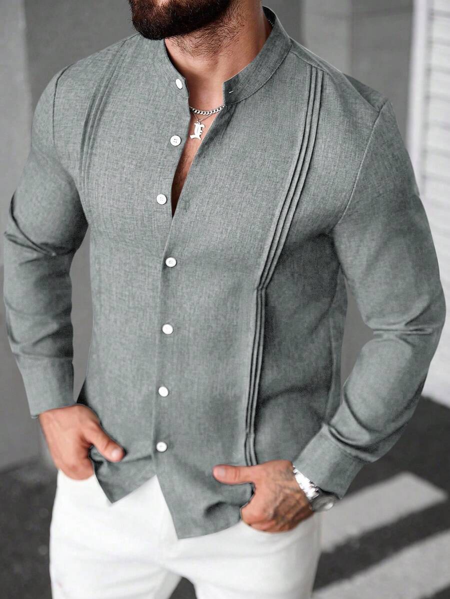 Manfinity CasualCool Áo sơ mi nam dài tay màu trơn cài một hàng khuy, kiểu dáng casual xếp ly, áo sơ mi nam màu xám, áo sơ mi nam sexy, áo sơ mi nam dài tay casual, áo sơ mi nam thời trang. Thích hợp cho phong cách cổ điển, mặc hàng ngày, đi chơi cuối tuần, hoạt động ngoài trời, du lịch, môi trường làm việc thoải mái hoặc các dịp bán trang trọng, quà tặng cho bạn trai/chồng, quà kỷ niệm, quà tặng tiệc Giáng sinh. - Màu Xám nhạt - Xem 1