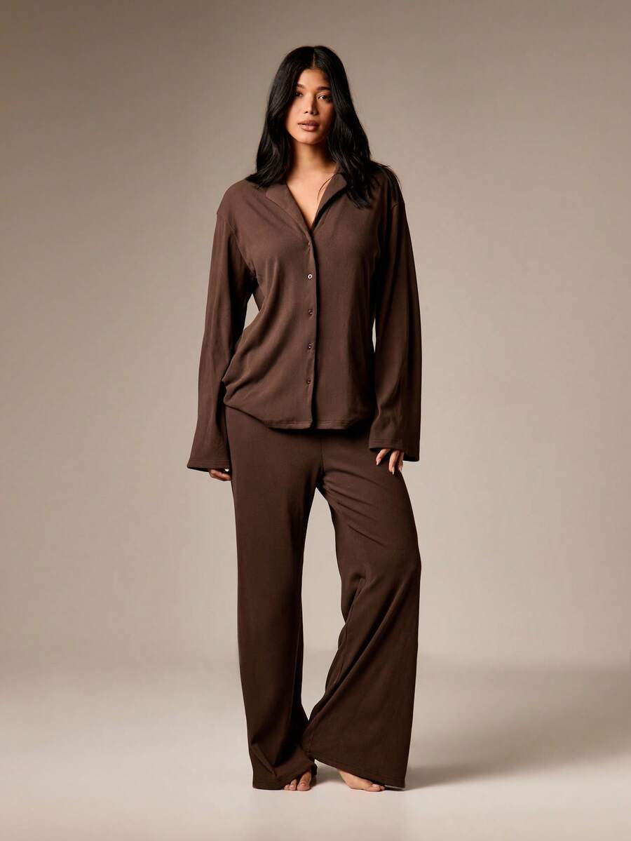 AiiRZ Conjunto de pijama de mujer con camisa de manga larga con botones y pantalón de pierna ancha, de punto suave y acanalado - Café integral - Ver 1