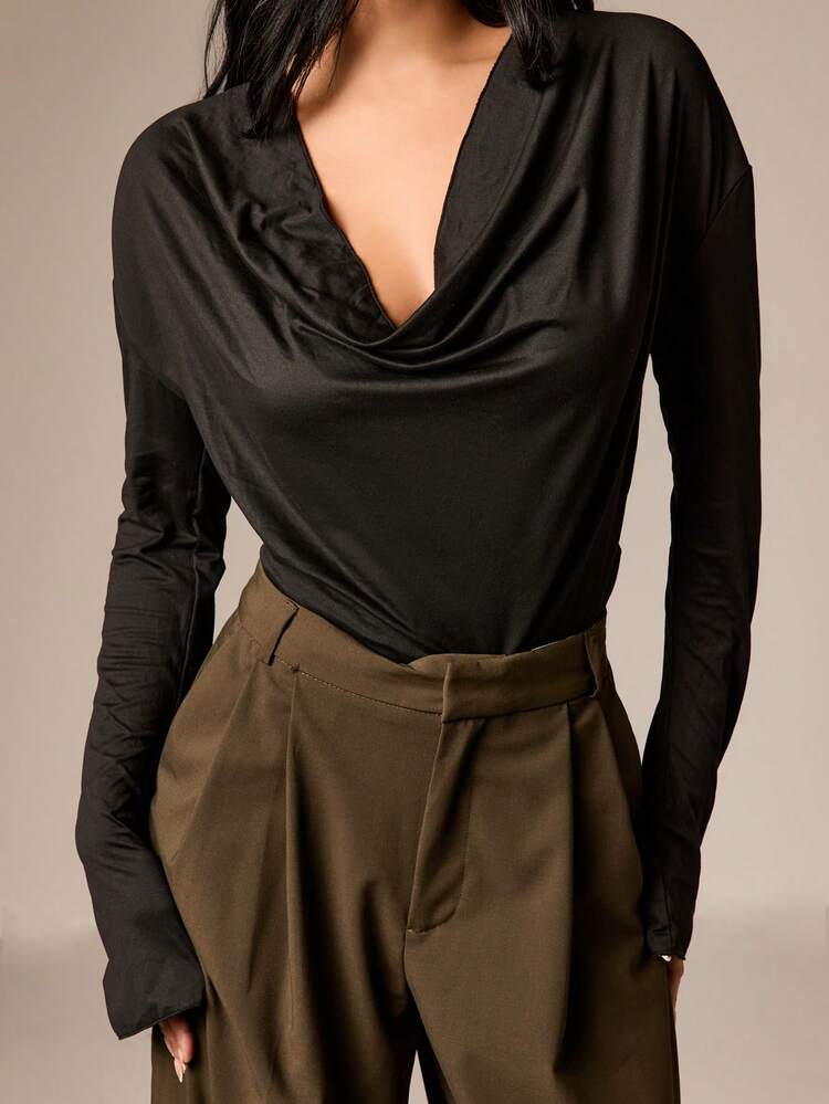 Cowl Neck Long Sleeve Top With Drape