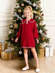 SHEIN Christmas Girls Casual Turtleneck Cable Knit Red Dress, Autumn/Winter Striped Contrast Color Sweater Dress Long Sleeve Retro Elegant School Style Suitable For Daily Wear, School, Outing, Party
