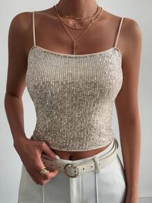Strévra Shiny Sequin Camisole Top For Women, Elegant For New Year, Christmas, Wedding, Party, Formal Events, Autumn/Winter Glitter Top Carnival - Gold - View 4