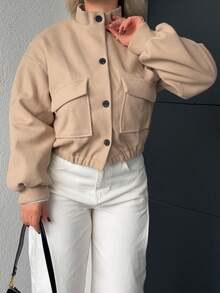 Jeta Ari Solid Color Stand Collar Pocket Short Jacket For Women,Fall Clothes - Apricot - View 3