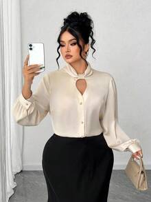Elenzga Plus Size Satin Twist Collar V-Neck Hollow Out Long Sleeve Straight Blouse, Elegant For Work, Casual Outing, Date, Party - Apricot - View 8